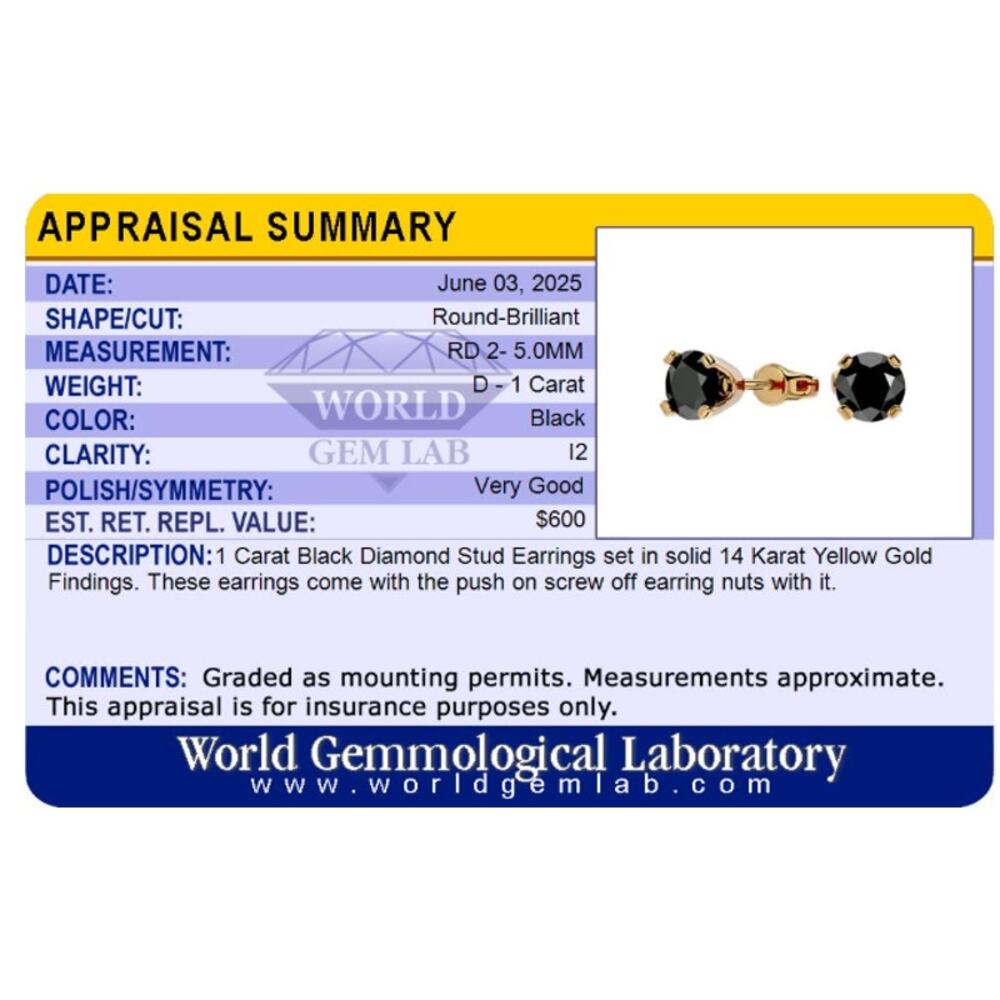 🖤 1ct Black Diamond Stud Earrings | 14K Yellow Gold | Bold & Minimalist NWT - Picture 5 of 5